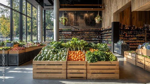 Modern Grocery Store Interior with Fresh Produce Display