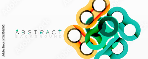 Abstract circle element composition with overlapping circular and tubular shapes featuring smooth gradients, transparency effects, and dynamic layering