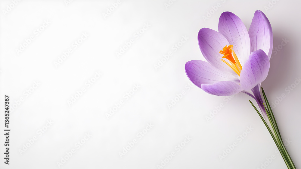 Naklejka premium Single purple crocus flower with bright orange center on clean white background great for spring graphics, floral branding or eco-friendly product visuals. Selective focus