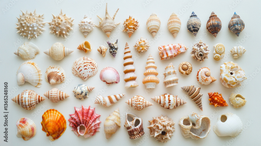 Display of a diverse collection of seashells arranged neatly on a white sandy beach, showcasing unique shapes and colors under bright sunlight. Display of a diverse collection of seashells arranged neatly on a white sandy beach, showcasing unique shapes and colors under bright sunlight.