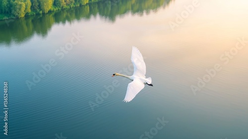 Fototapeta Naklejka Na Ścianę i Meble -  White Swan Soaring Over Calm Teal Water at Sunrise