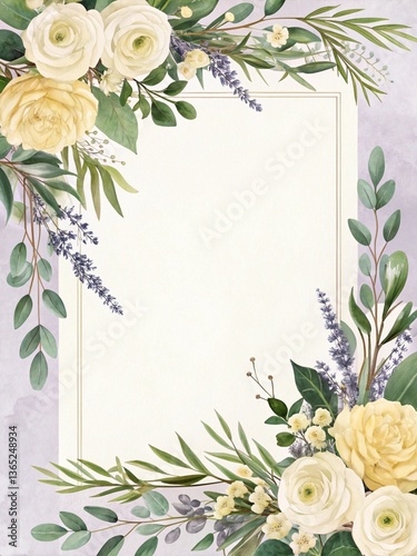 Elegant illustrated wedding greeting card adorned with delicate florals in soft colors perfect for inviting loved ones. A blank space in the center for personalized text