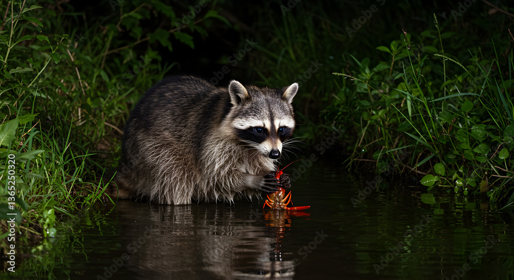 Fototapeta premium Raccoon's riverside supper: A masked bandit enjoys a crayfish catch in nature