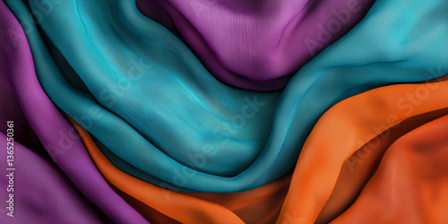 Waves of purple, teal, and orange silk fabric create a rich and vibrant abstract texture.