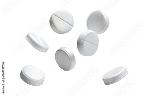 Falling white pills isolated on transparent background. Png