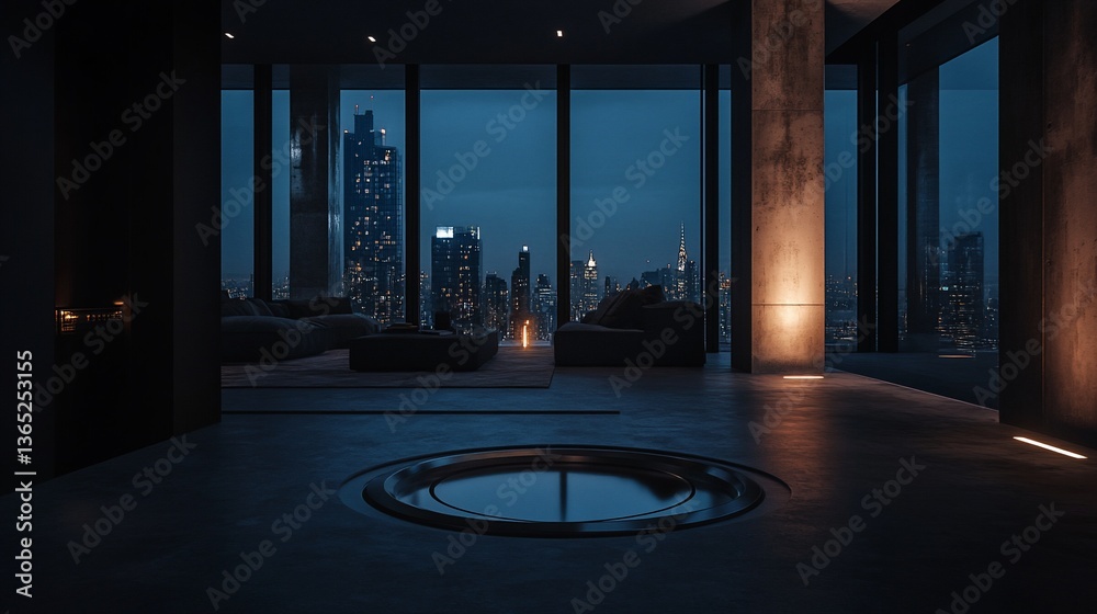 Fototapeta premium Modern penthouse living room with city view and sunken jacuzzi at night.