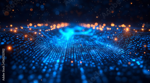 Digital technology background with blue light rays and binary code
