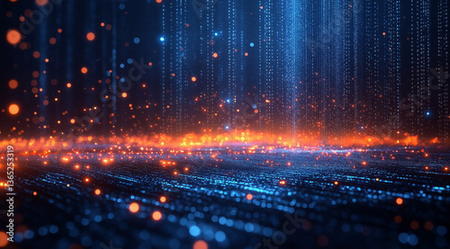 Digital technology background with blue light rays and binary code