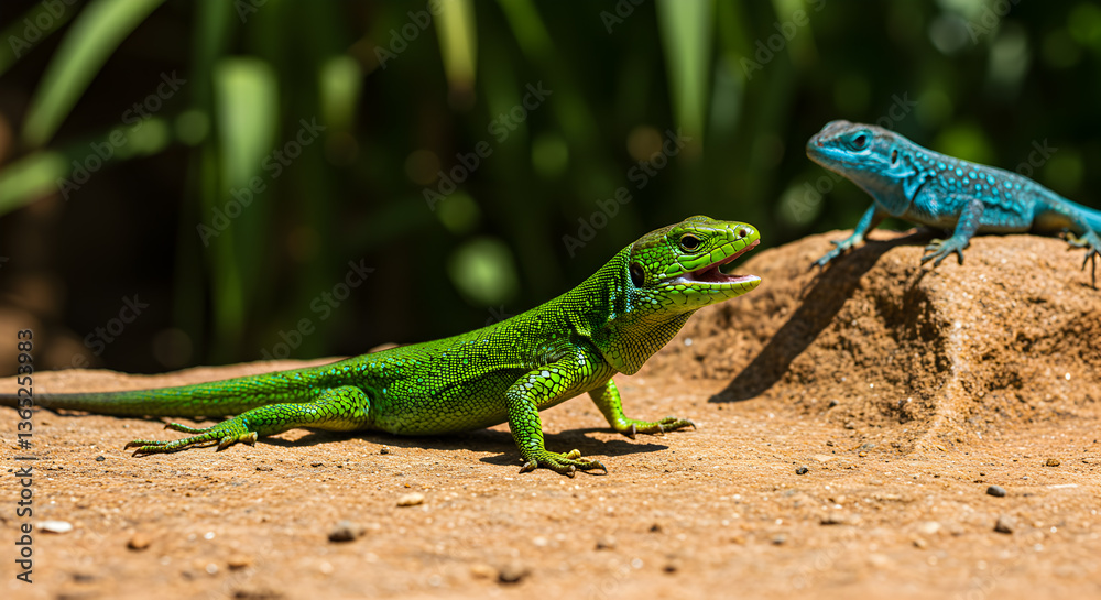 Fototapeta premium Emerald encounter: Vibrant green lizard meets a brilliant blue counterpart in nature