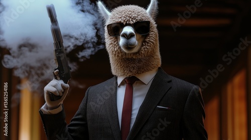 This striking image features a llama dressed in a suit and sunglasses, holding a gun, creating a blend of humor and seriousness that captures attention and curiosity.