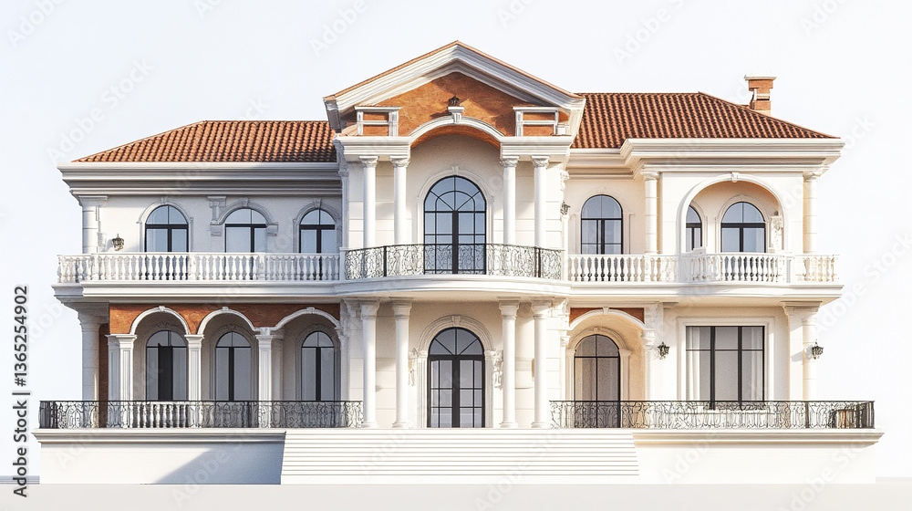 Fototapeta premium Elegant classic house with arched windows and columns on white background