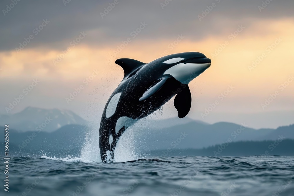 Fototapeta premium Orca leaping dramatically above the ocean surface at sunset 