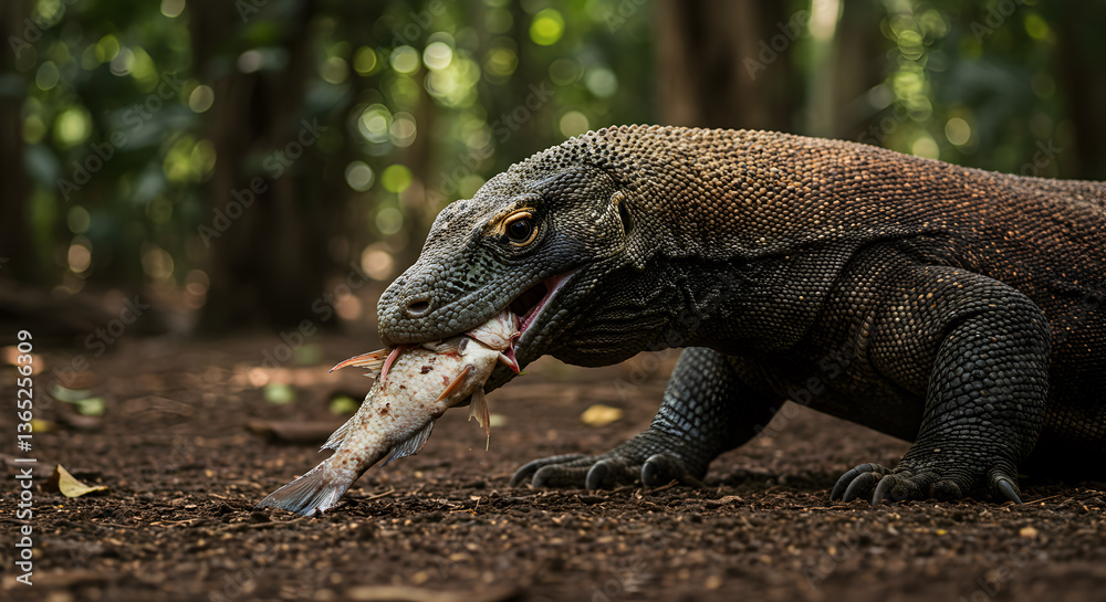Obraz premium Komodo dragon devouring fresh fish in natural habitat with scenic backdrop