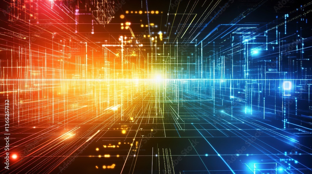 Obraz premium A vibrant digital landscape showcasing interconnectedness and boundless technological possibilities with glowing lines and a dynamic color palette.