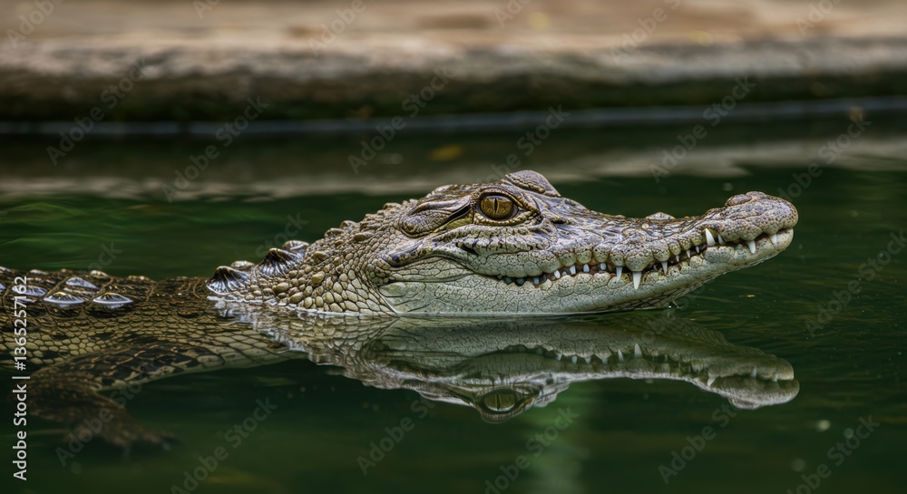 Obraz premium Crocodile reflection in calm water: close-up of reptile's head in natural habitat