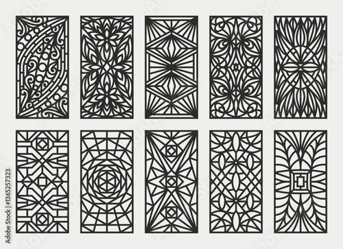 Set of decorative panels. Rectangular lattices with geometric linear pattern, openwork floral ornament. Template for plotter laser cutting of paper, fretwork, wood carving, metal engraving, cnc. 