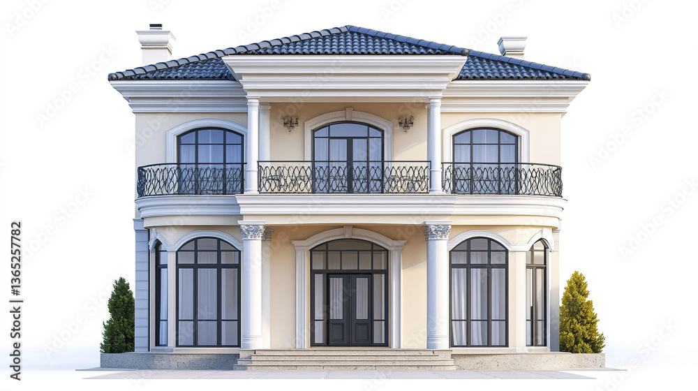Elegant classic house with large windows and balcony on white background Elegant classic house with large windows and balcony on white background
