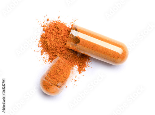 Fototapeta Naklejka Na Ścianę i Meble -  Turmeric capsule on white