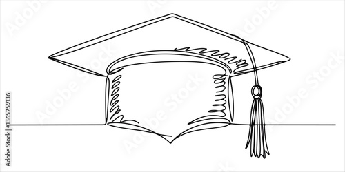 Graduation hat continuous single line art drawing sketch on white background