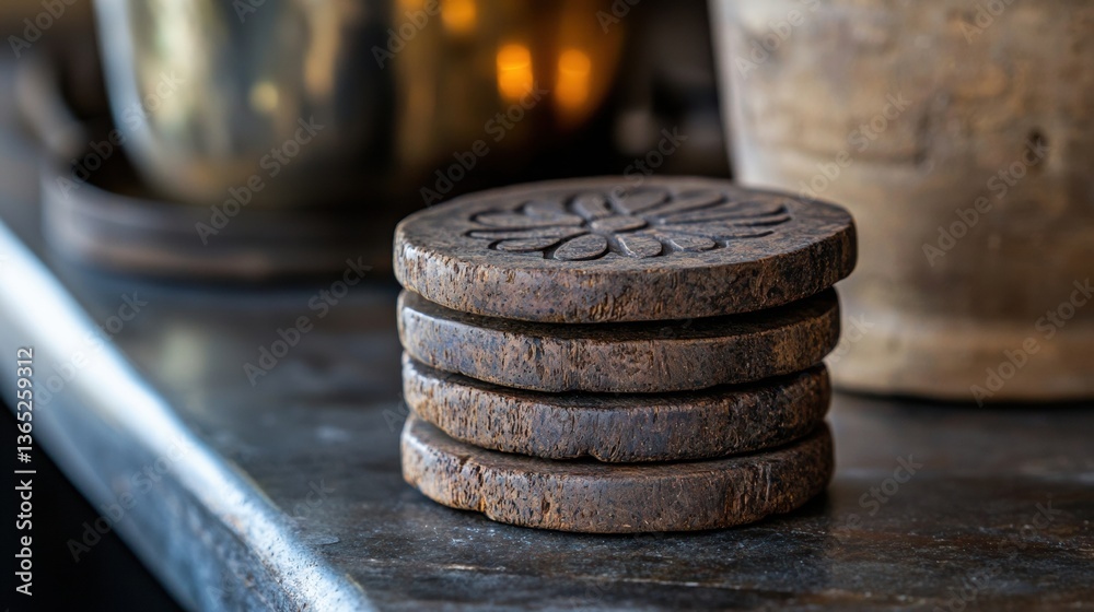 A stack of old, worn, and tarnished coasters. A stack of old, worn, and tarnished coasters.