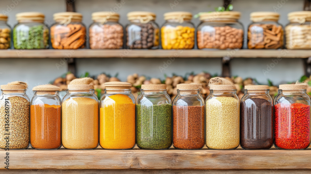 Spices in jars arranged on wooden shelf, showcasing vibrant colors and textures Spices in jars arranged on wooden shelf, showcasing vibrant colors and textures