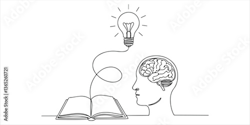 Open book, head with brain and light bulb continuous single line art drawing sketch on white background
