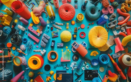 Vibrant collection of colorful plastic toys and objects arranged on a teal background.  Perfect for themes of play, childhood, creativity, and abundance.