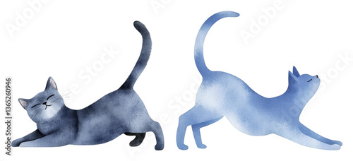 Two Blue Watercolor Cats Stretching on Transparent Background
