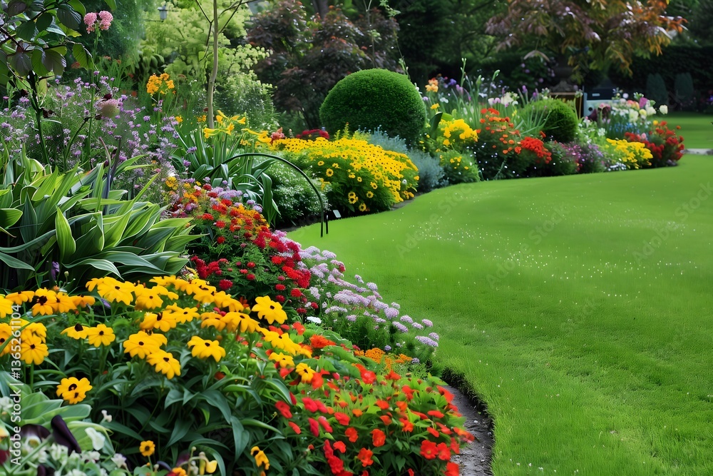 Obraz premium Vibrant flower garden blooming in lush greenery 