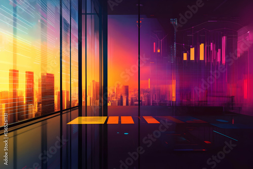 Vibrant futuristic office with neon sunset reflections and abstract analytics bars over a city skyline, ideal for finance, fintech, data, and innovation themes.