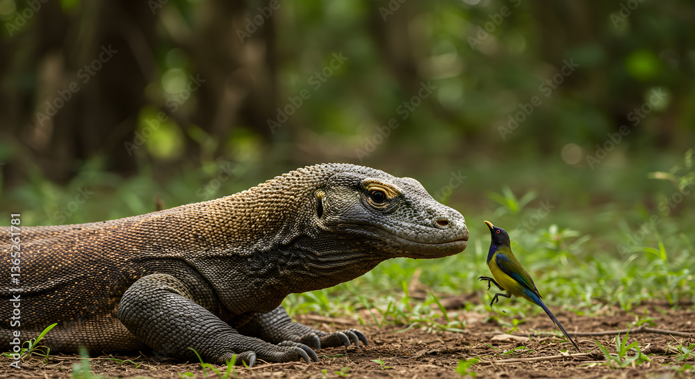 Obraz premium Komodo dragon encounters a colorful bird in wild habitat, a rare interaction