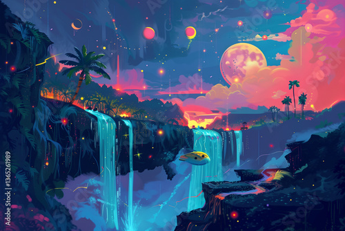 A dream sequence with cascading waterfalls flowing, surrounded by stars, evoking a sense of wonder.
