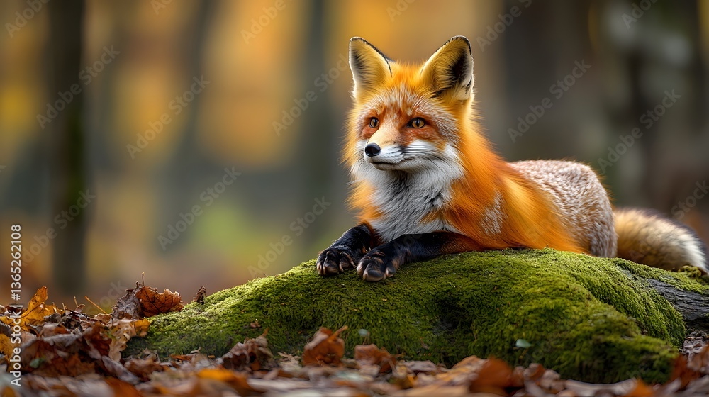 Fototapeta premium Red fox rests alertly on moss-covered log in enchanted woodland, vibrant fur contrasting with green surroundings. Dappled sunlight filters through trees, enhancing the dreamy wildlife composition. 