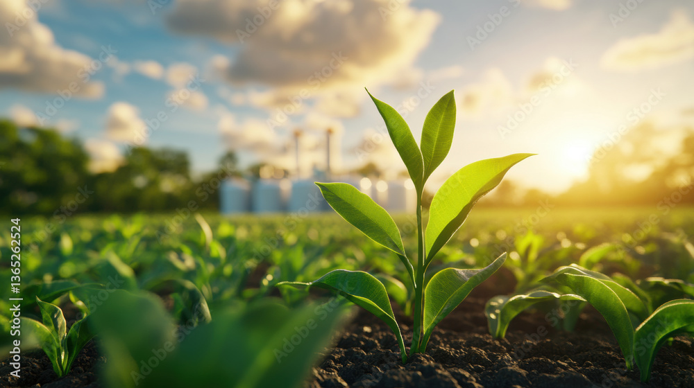 young plant grows in lush field, symbolizing hope and sustainability under bright sky young plant grows in lush field, symbolizing hope and sustainability under bright sky