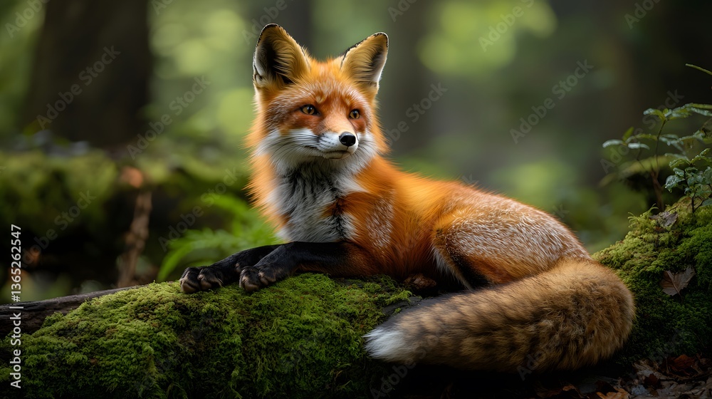 Fototapeta premium Red fox rests alertly on moss-covered log in enchanted woodland, vibrant fur contrasting with green surroundings. Dappled sunlight filters through trees, enhancing the dreamy wildlife composition.