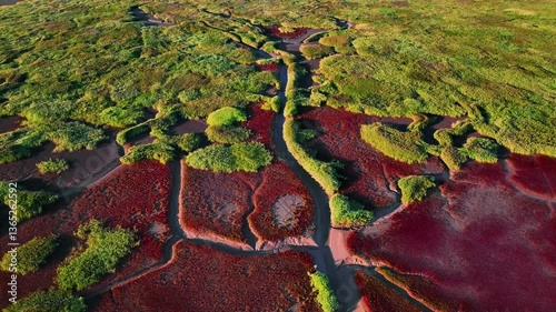 4k Video Panjin Red Beach Aerial Shot Showcasing Vibrant Red and Green Landscapes in China's Unique Coastal Ecosystem