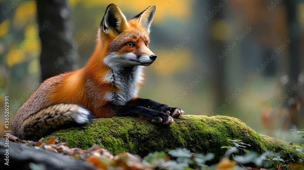 Fototapeta premium Red fox rests alertly on moss-covered log in enchanted woodland, vibrant fur contrasting with green surroundings. Dappled sunlight filters through trees, enhancing the dreamy wildlife composition.