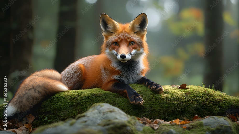 Fototapeta premium Red fox rests alertly on moss-covered log in enchanted woodland, vibrant fur contrasting with green surroundings. Dappled sunlight filters through trees, enhancing the dreamy wildlife composition.