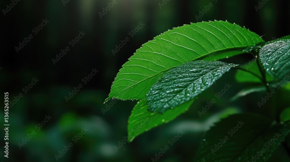 Lush green leaves, dewy forest scene Lush green leaves, dewy forest scene