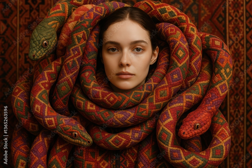 Fototapeta premium Patterned serpents intricately wrapped around calm woman’s face in surreal textile-inspired portrait composition