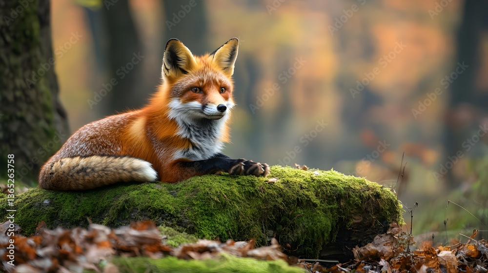 Fototapeta premium Red fox rests alertly on moss-covered log in enchanted woodland, vibrant fur contrasting with green surroundings. Dappled sunlight filters through trees, enhancing the dreamy wildlife composition.