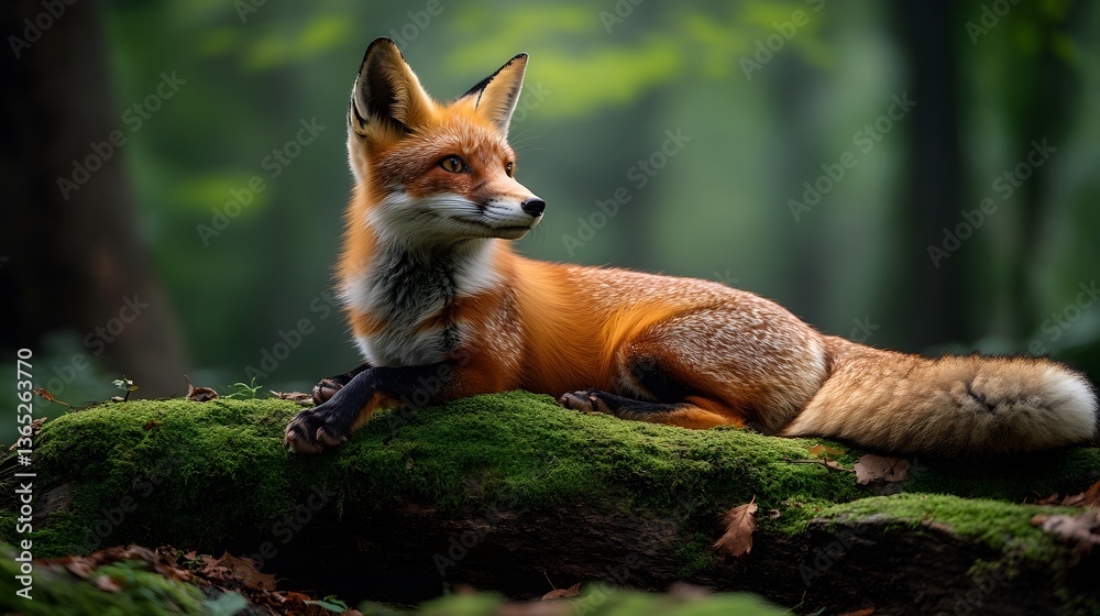 Fototapeta premium Red fox rests alertly on moss-covered log in enchanted woodland, vibrant fur contrasting with green surroundings. Dappled sunlight filters through trees, enhancing the dreamy wildlife composition. 