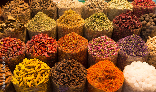 Colorful spices on the Arab souq spice market in medina