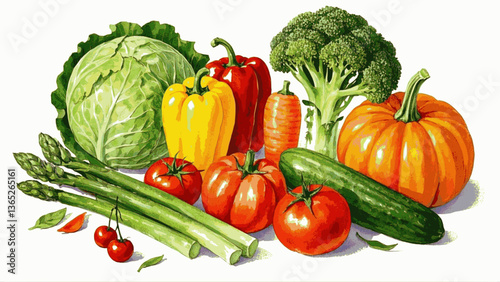 Some fresh vegetables include cabbage, pumpkin, bell pepper, broccoli, tomatoes, cucumbers, carrots, asparagus and cherry tomatoes. isolated watercolor vector illustration svg