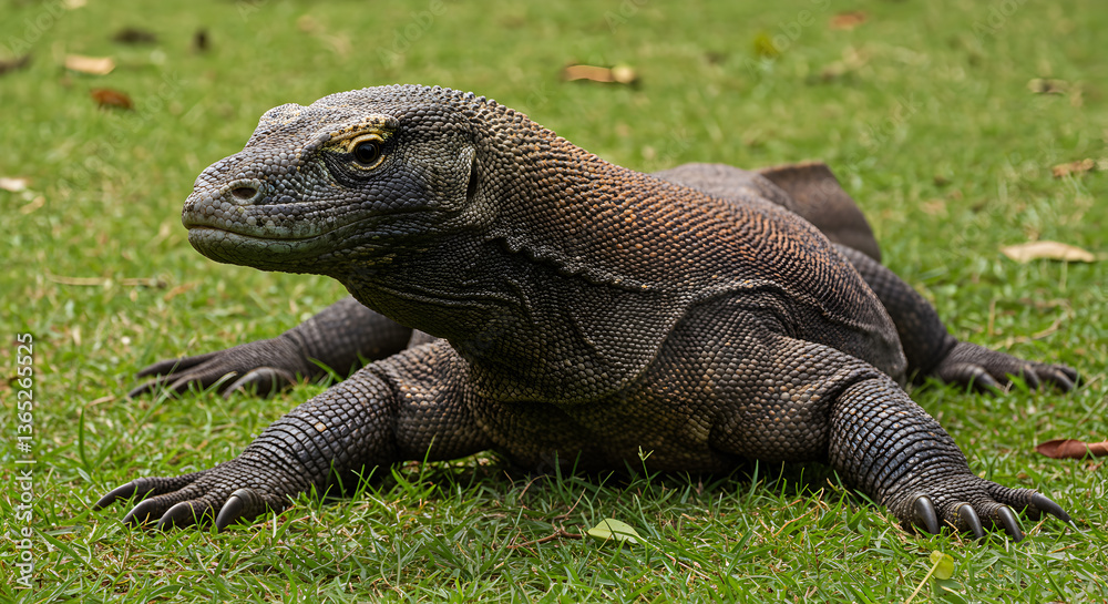 Obraz premium Komodo dragon lying on the grass displaying its scale details and textures