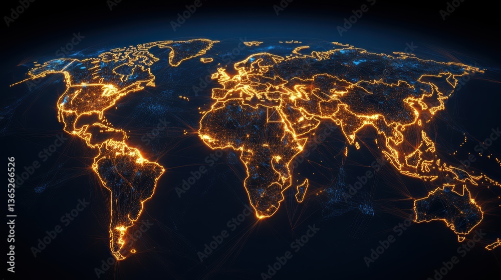 custom made wallpaper toronto digitalA stunning aerial view of a lit-up world map, showcasing illuminated cities and connections, representing global networks and technology.