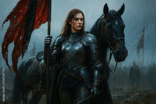Female warrior in dark armor holding battle flag beside black horse in rainy medieval battlefield

