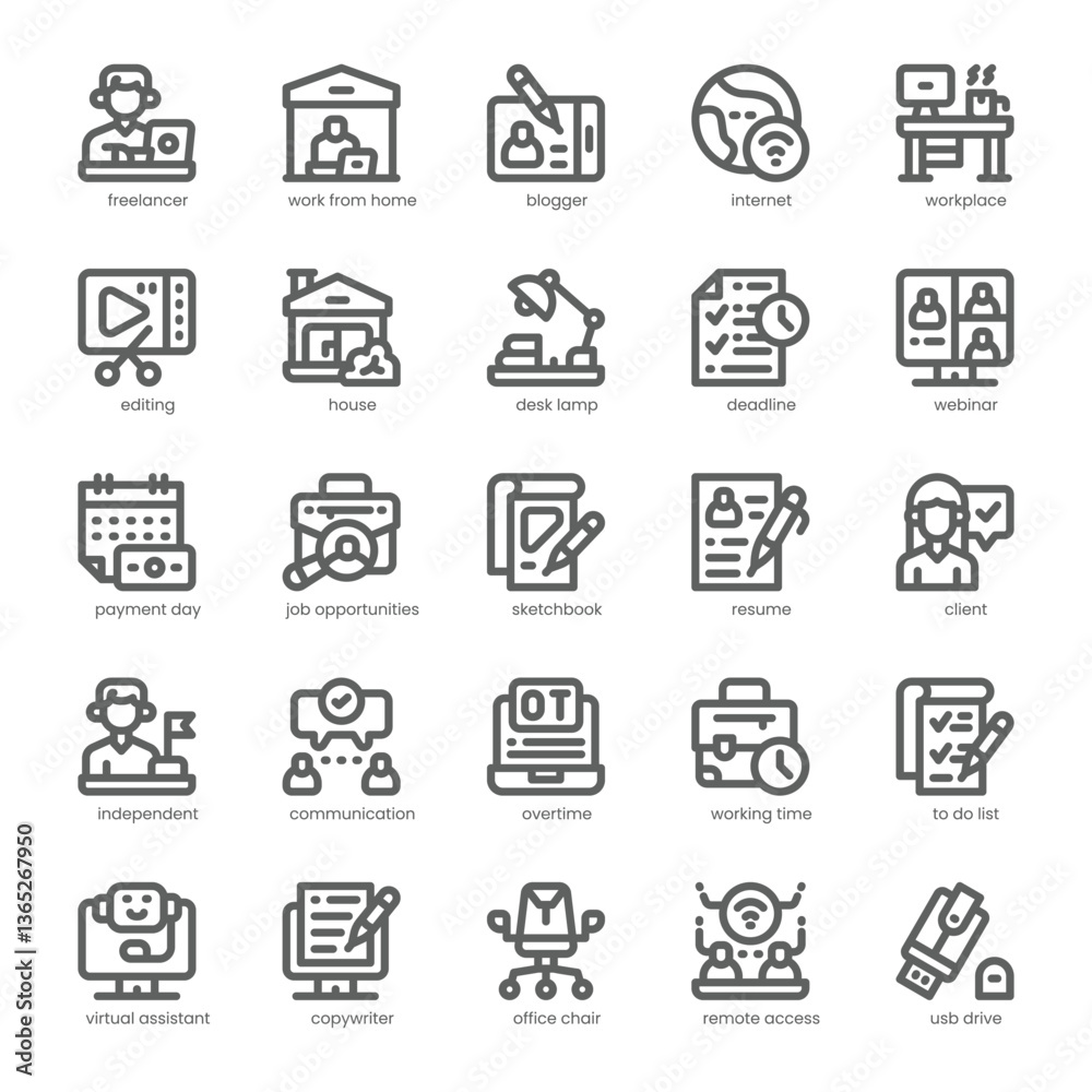 Freelance Work Icon pack for your website, mobile, presentation, and logo design. Freelance Work Icon outline design. Vector graphics illustration and editable stroke. Freelance Work Icon pack for your website, mobile, presentation, and logo design. Freelance Work Icon outline design. Vector graphics illustration and editable stroke.