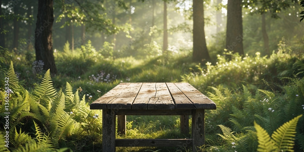 Outdoor rustic wooden table surrounded by lush greenery nature scene relaxing environment bright daylight Outdoor rustic wooden table surrounded by lush greenery nature scene relaxing environment bright daylight