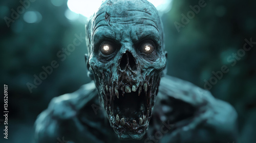 terrifying zombie with glowing eyes and decayed skin emerges from dark, eerie background, evoking sense of horror and dread. This creature embodies essence of nightmare